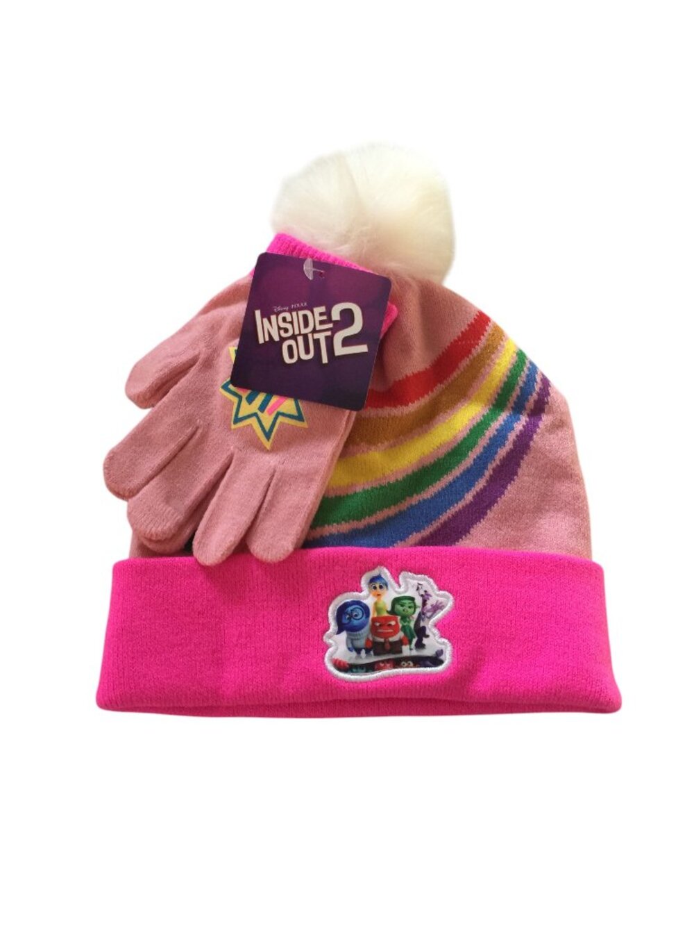 Disney INSIDE OUT 2 Girls Rainbow Cuffed Knit Hat & Gloves Pink
